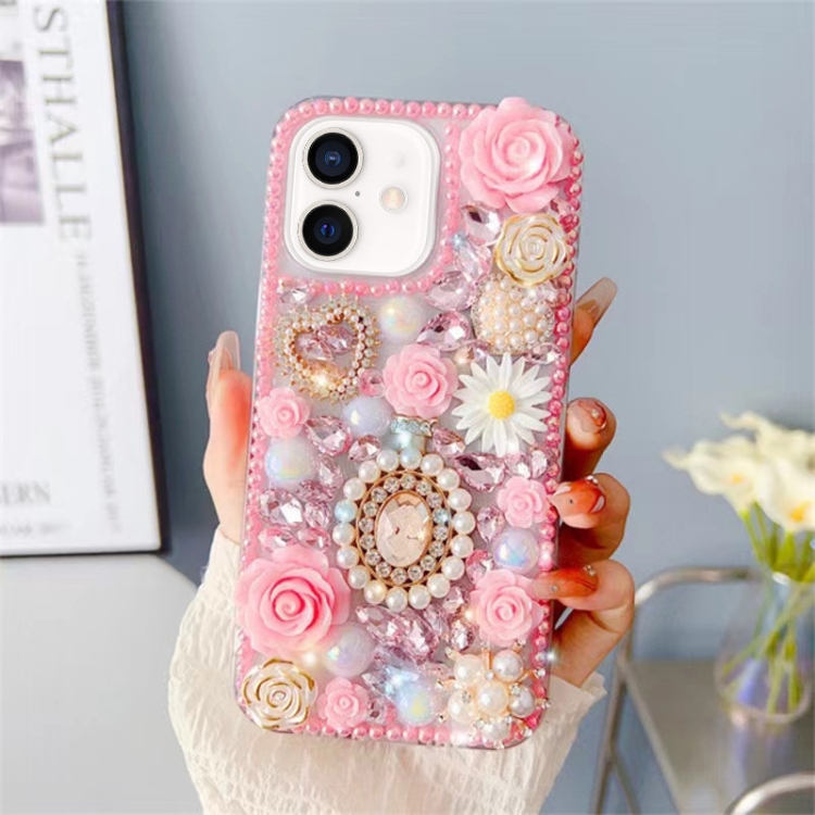 

For iPhone 16 Diamond Inlaid Rose PC Phone Case(Pink)