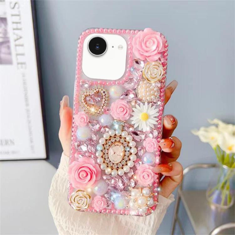 

For iPhone 16e Diamond Inlaid Rose PC Phone Case(Pink)