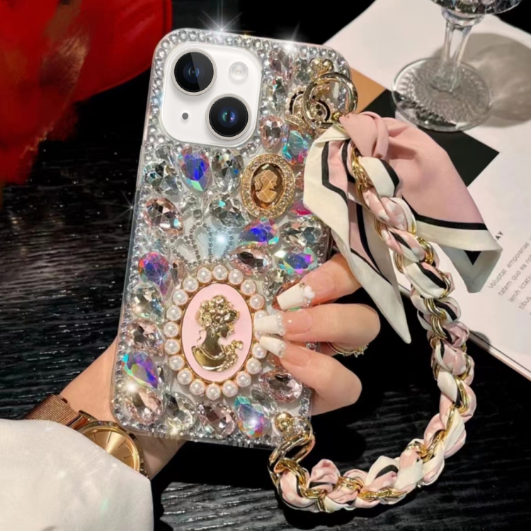 

For iPhone 13 Handmade Diamond Purple Gemstone Scarf Bracelet PC Phone Case(Pink)