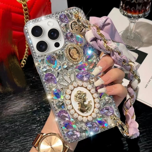 

For iPhone 12 Pro Max Handmade Diamond Purple Gemstone Scarf Bracelet PC Phone Case(White)