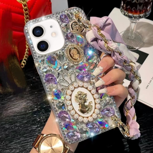 

For iPhone 11 Handmade Diamond Purple Gemstone Scarf Bracelet PC Phone Case(White)