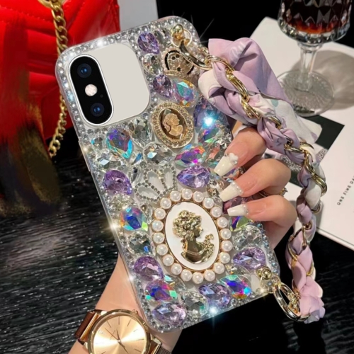 

For iPhone XS Max Handmade Diamond Purple Gemstone Scarf Bracelet PC Phone Case(White)