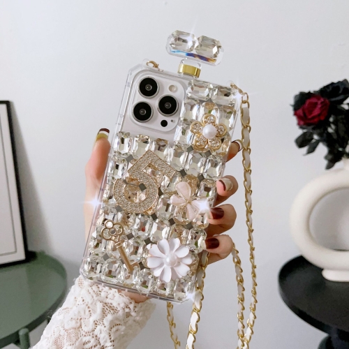 

For iPhone 15 Pro Crossbody Perfume Bottle Handmade Inlaid Diamond PC Phone Case(White)