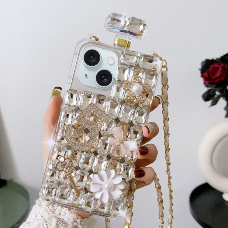 

For iPhone 15 Plus Crossbody Perfume Bottle Handmade Inlaid Diamond PC Phone Case(White)
