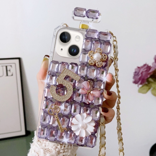 

For iPhone 14 Plus Crossbody Perfume Bottle Handmade Inlaid Diamond PC Phone Case(Purple)