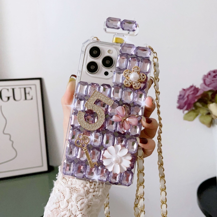 

For iPhone 13 Pro Max Crossbody Perfume Bottle Handmade Inlaid Diamond PC Phone Case(Purple)