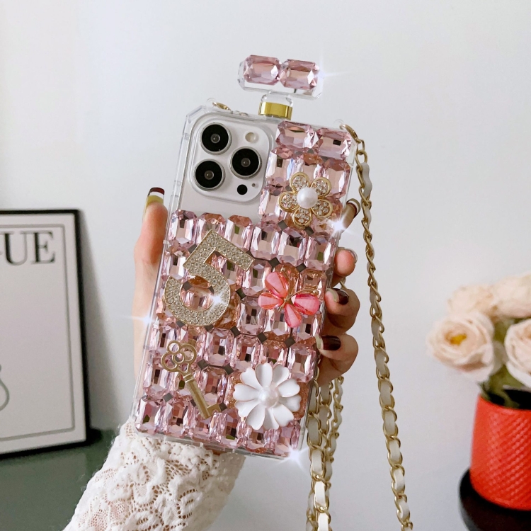 

For iPhone 12 Pro Max Crossbody Perfume Bottle Handmade Inlaid Diamond PC Phone Case(Pink)