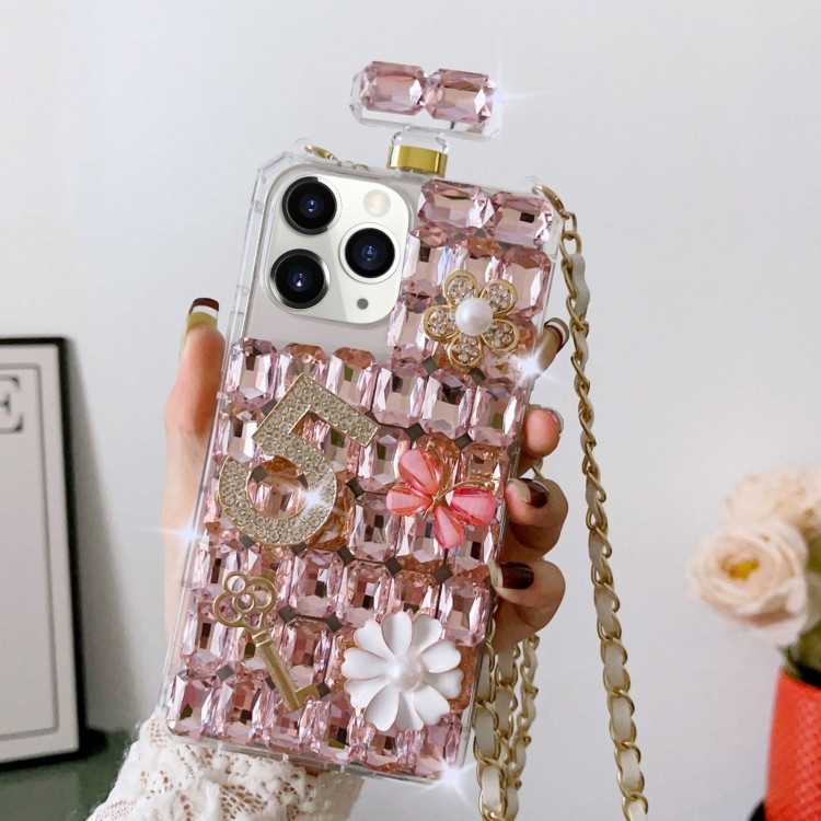 

For iPhone 11 Pro Max Crossbody Perfume Bottle Handmade Inlaid Diamond PC Phone Case(Pink)
