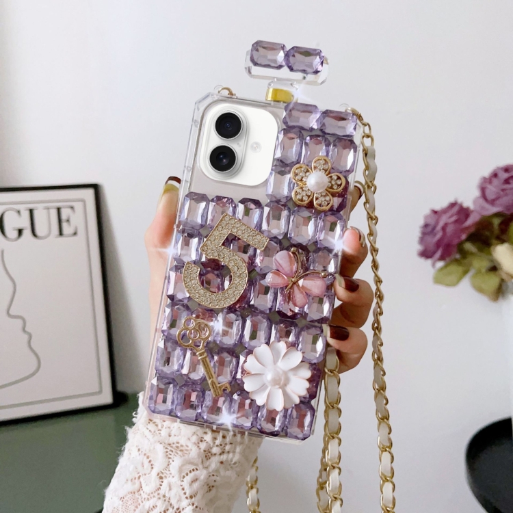 

For iPhone 16 Crossbody Perfume Bottle Handmade Inlaid Diamond PC Phone Case(Purple)