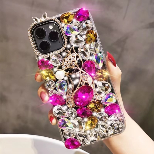 For iPhone 15 Pro Max Handmade Bling Rhinestone Gemstone Fox PC Phone Case(Purple)