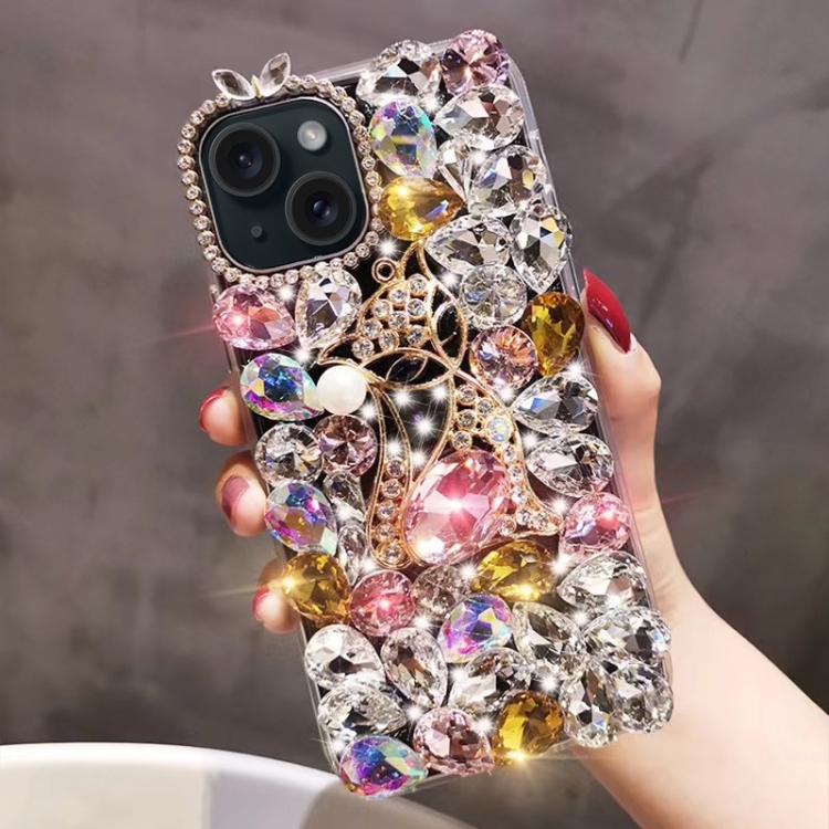 

For iPhone 15 Handmade Bling Rhinestone Gemstone Fox PC Phone Case(Pink)