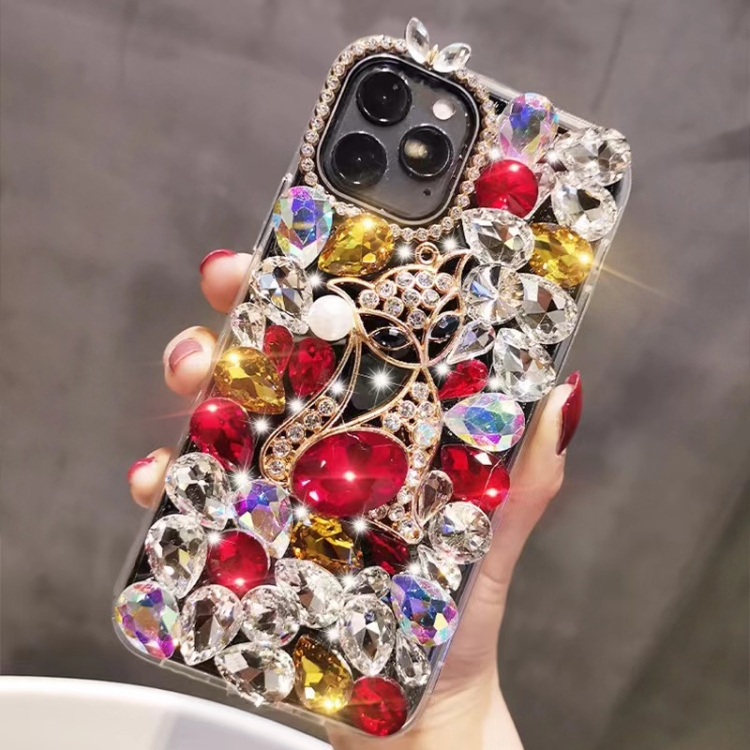 

For iPhone 14 Pro Handmade Bling Rhinestone Gemstone Fox PC Phone Case(Red)