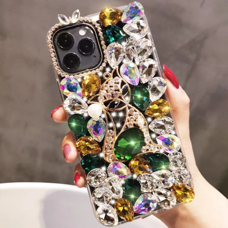 

For iPhone 13 Pro Handmade Bling Rhinestone Gemstone Fox PC Phone Case(Green)