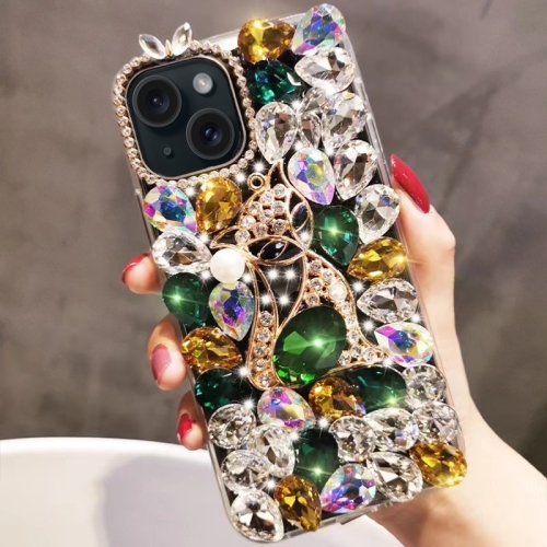 

For iPhone 13 mini Handmade Bling Rhinestone Gemstone Fox PC Phone Case(Green)