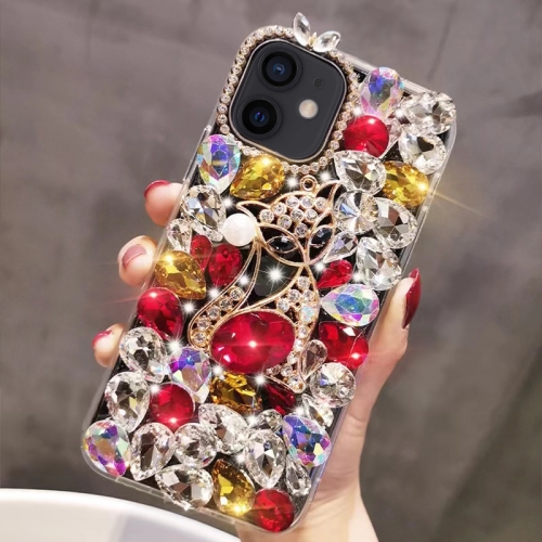 

For iPhone 12 Handmade Bling Rhinestone Gemstone Fox PC Phone Case(Red)