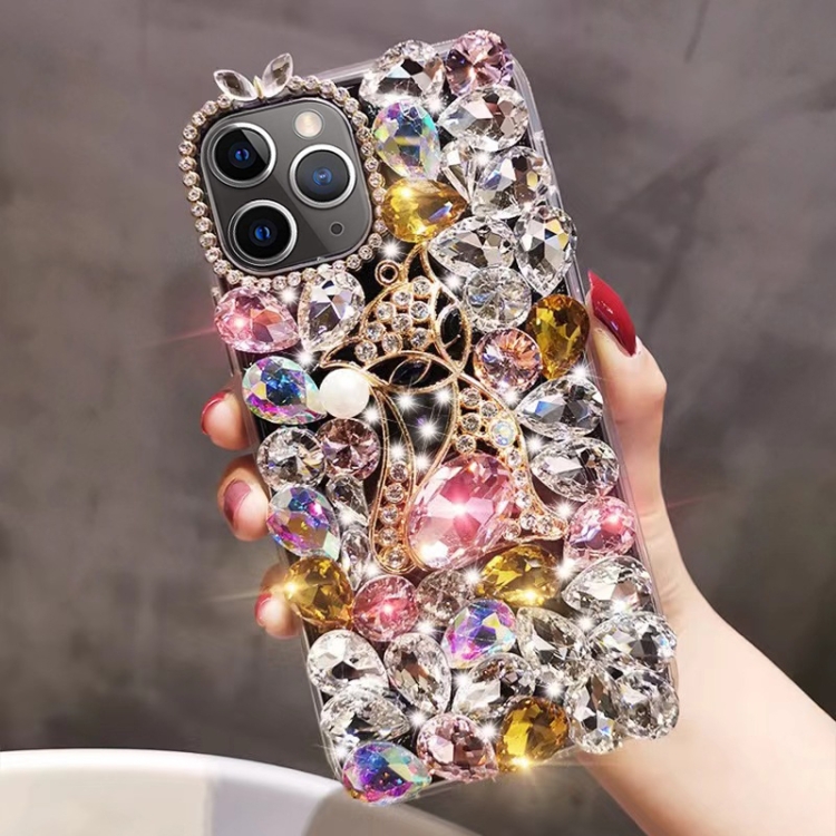 

For iPhone 11 Pro Max Handmade Bling Rhinestone Gemstone Fox PC Phone Case(Pink)