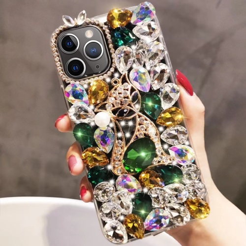 

For iPhone 11 Pro Max Handmade Bling Rhinestone Gemstone Fox PC Phone Case(Green)