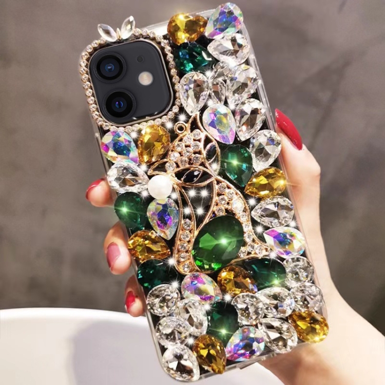 

For iPhone 11 Handmade Bling Rhinestone Gemstone Fox PC Phone Case(Green)