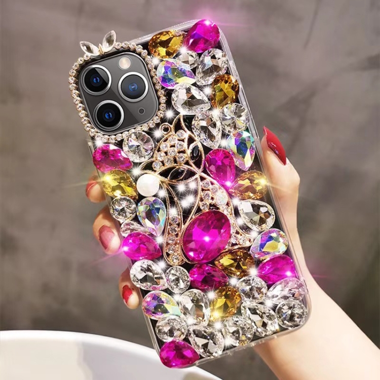 

For iPhone 11 Pro Handmade Bling Rhinestone Gemstone Fox PC Phone Case(Purple)