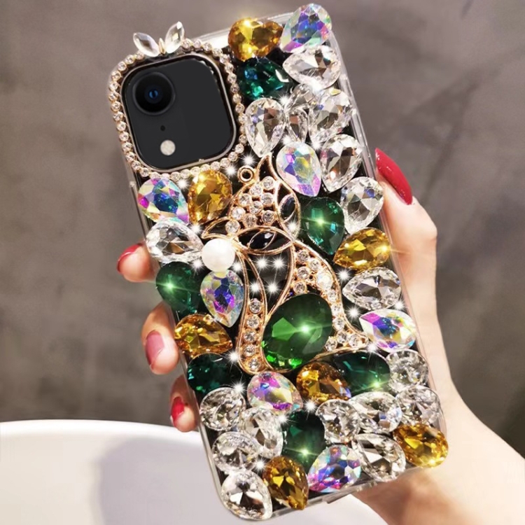 

For iPhone XR Handmade Bling Rhinestone Gemstone Fox PC Phone Case(Green)