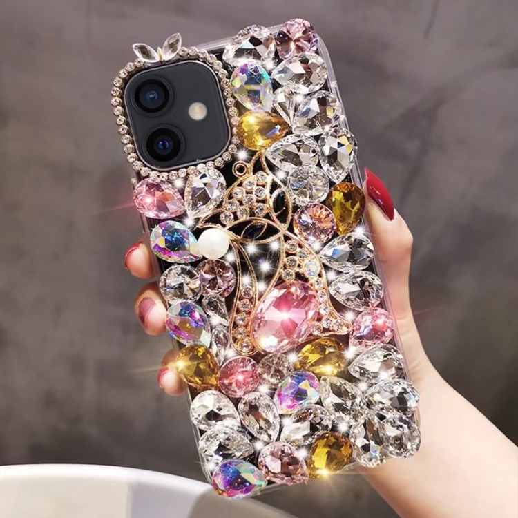 

For iPhone 16 Plus Handmade Bling Rhinestone Gemstone Fox PC Phone Case(Pink)
