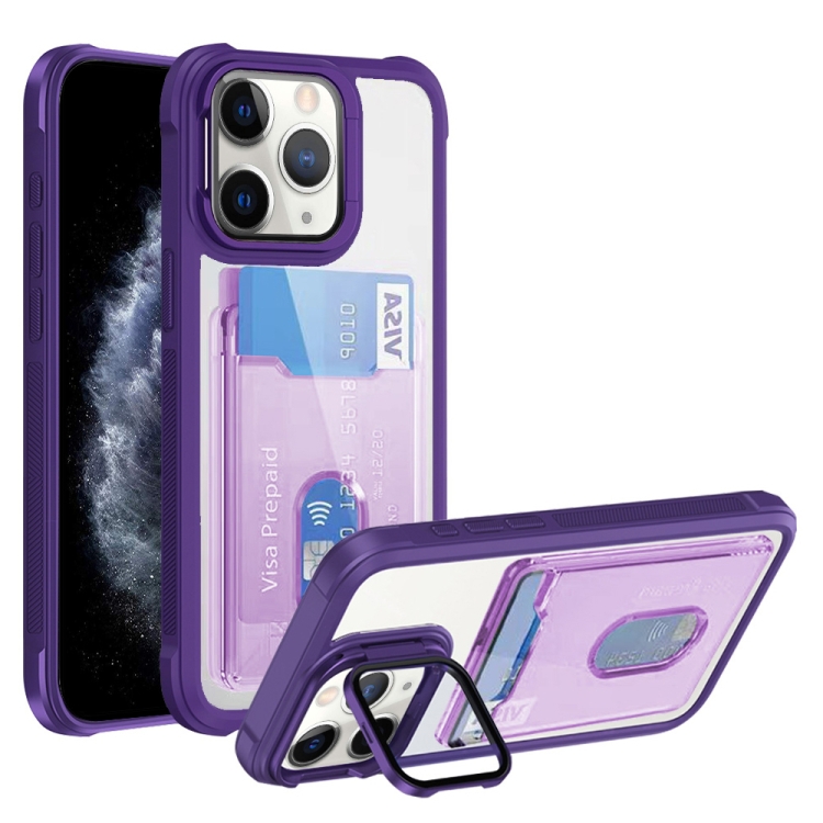 

For iPhone 11 Pro Max Card Bag Holder Acrylic Hybrid TPU Phone Case(Purple)
