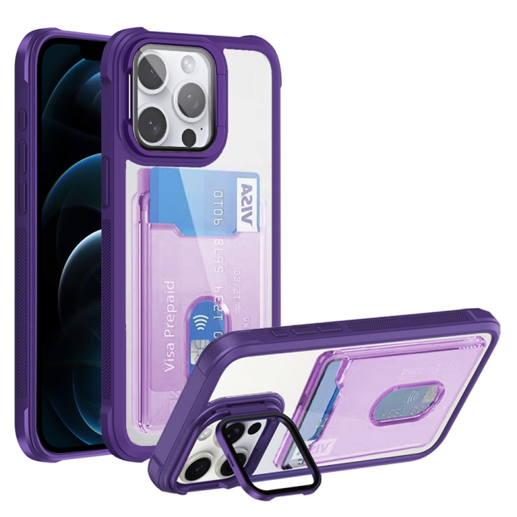 

For iPhone 12 Pro Max Card Bag Holder Acrylic Hybrid TPU Phone Case(Purple)