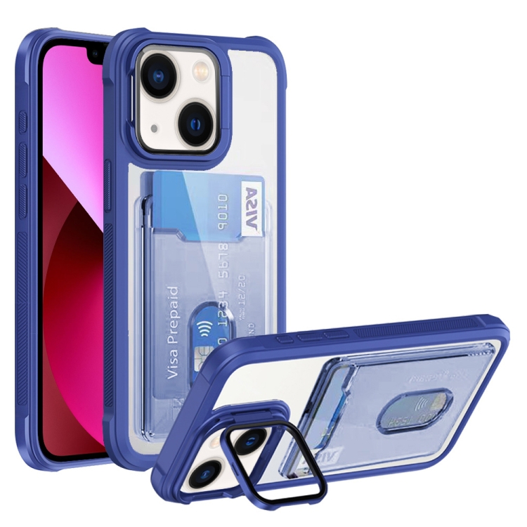 

For iPhone 13 Card Bag Holder Acrylic Hybrid TPU Phone Case(Blue)