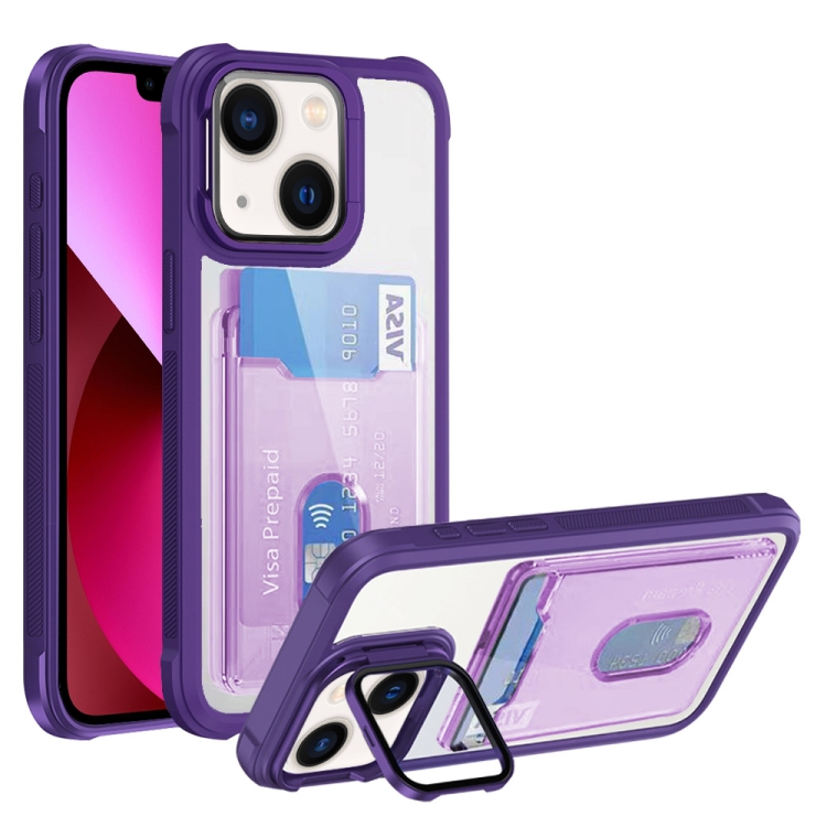 

For iPhone 13 Card Bag Holder Acrylic Hybrid TPU Phone Case(Purple)