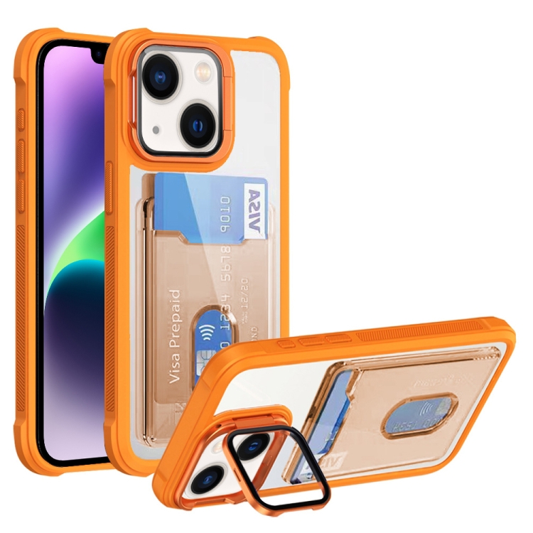 

For iPhone 14 Plus Card Bag Holder Acrylic Hybrid TPU Phone Case(Orange)
