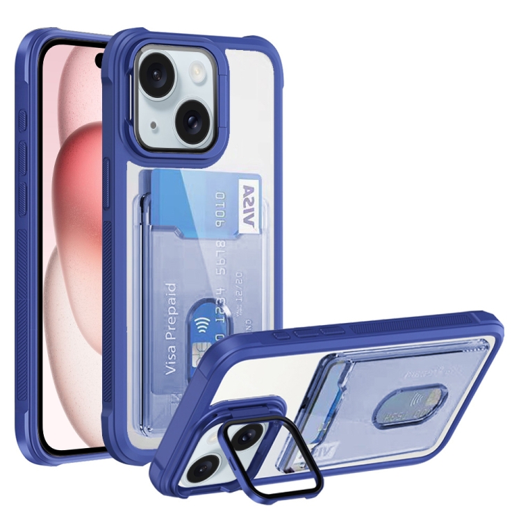 

For iPhone 15 Plus Card Bag Holder Acrylic Hybrid TPU Phone Case(Blue)