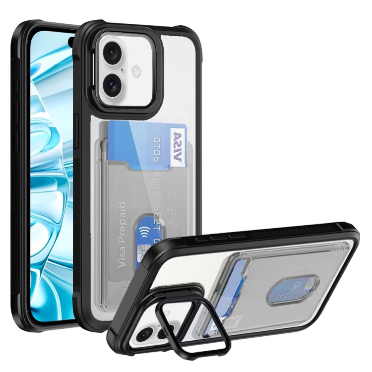 

For iPhone 16 Plus Card Bag Holder Acrylic Hybrid TPU Phone Case(Black)