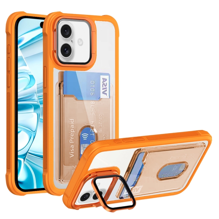 

For iPhone 16 Card Bag Holder Acrylic Hybrid TPU Phone Case(Orange)