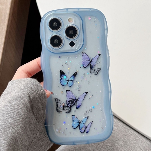 

For iPhone 15 Pro Max Wave Edge Butterfly TPU Hybrid PC Phone Case(Blue)