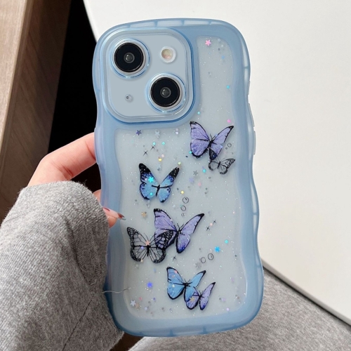 

For iPhone 15 Plus Wave Edge Butterfly TPU Hybrid PC Phone Case(Blue)