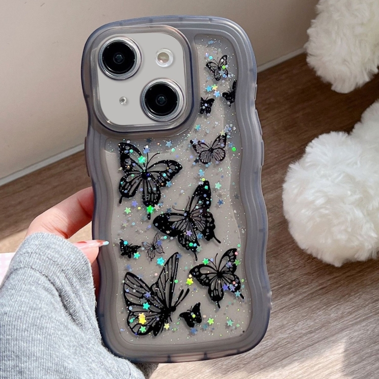 

For iPhone 15 Wave Edge Butterfly TPU Hybrid PC Phone Case(Black)