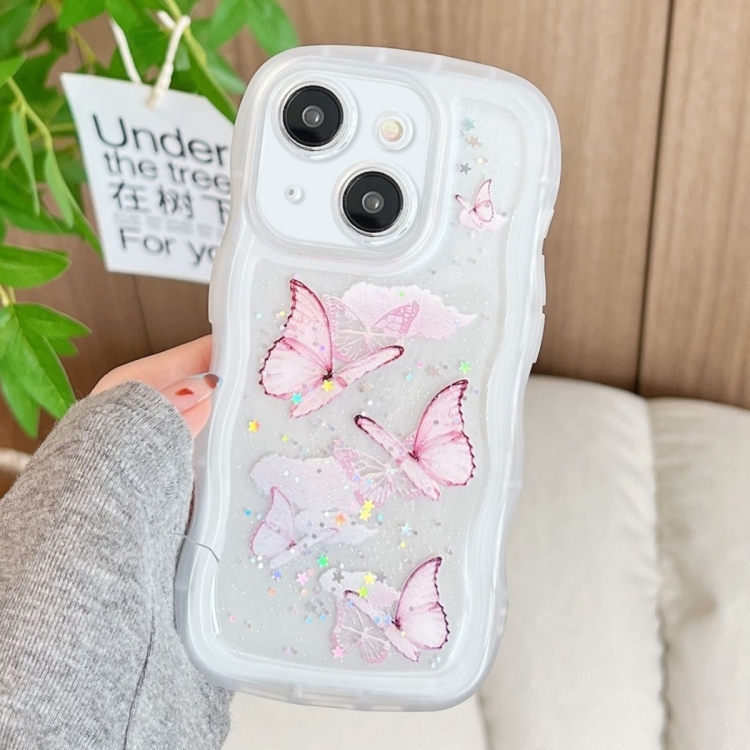 

For iPhone 15 Wave Edge Butterfly TPU Hybrid PC Phone Case(White)