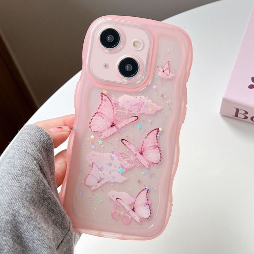 

For iPhone 14 Plus Wave Edge Butterfly TPU Hybrid PC Phone Case(Pink)
