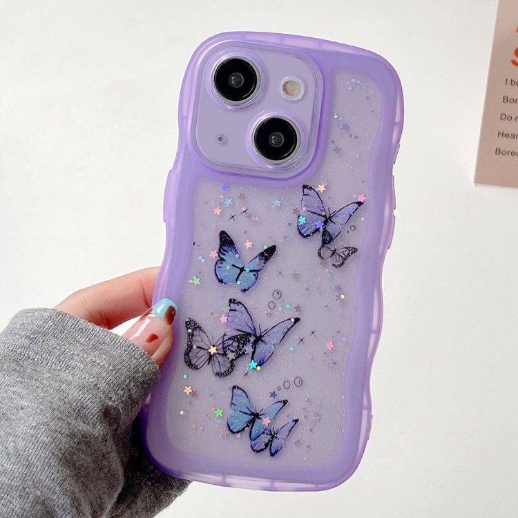 

For iPhone 13 Wave Edge Butterfly TPU Hybrid PC Phone Case(Purple)