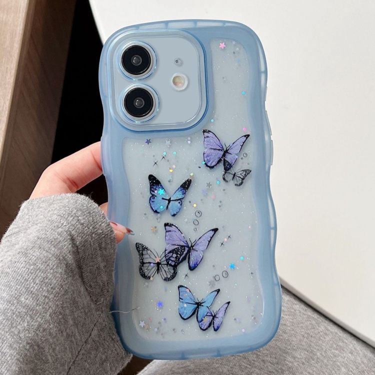 

For iPhone 12 Wave Edge Butterfly TPU Hybrid PC Phone Case(Blue)