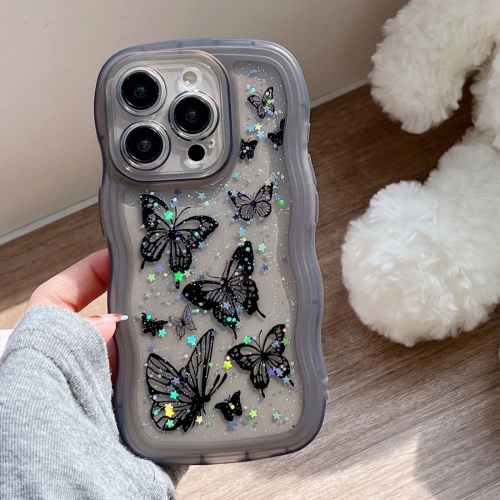 

For iPhone 16 Pro Wave Edge Butterfly TPU Hybrid PC Phone Case(Black)