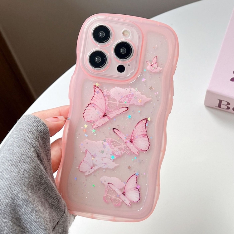 

For iPhone 16 Pro Wave Edge Butterfly TPU Hybrid PC Phone Case(Pink)