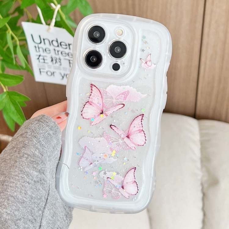 

For iPhone 16 Pro Wave Edge Butterfly TPU Hybrid PC Phone Case(White)