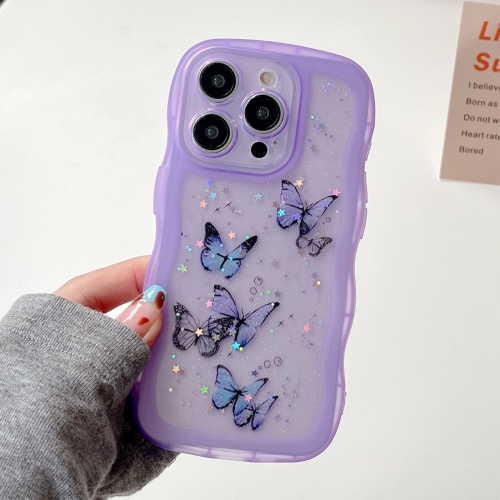 

For iPhone 16 Pro Wave Edge Butterfly TPU Hybrid PC Phone Case(Purple)