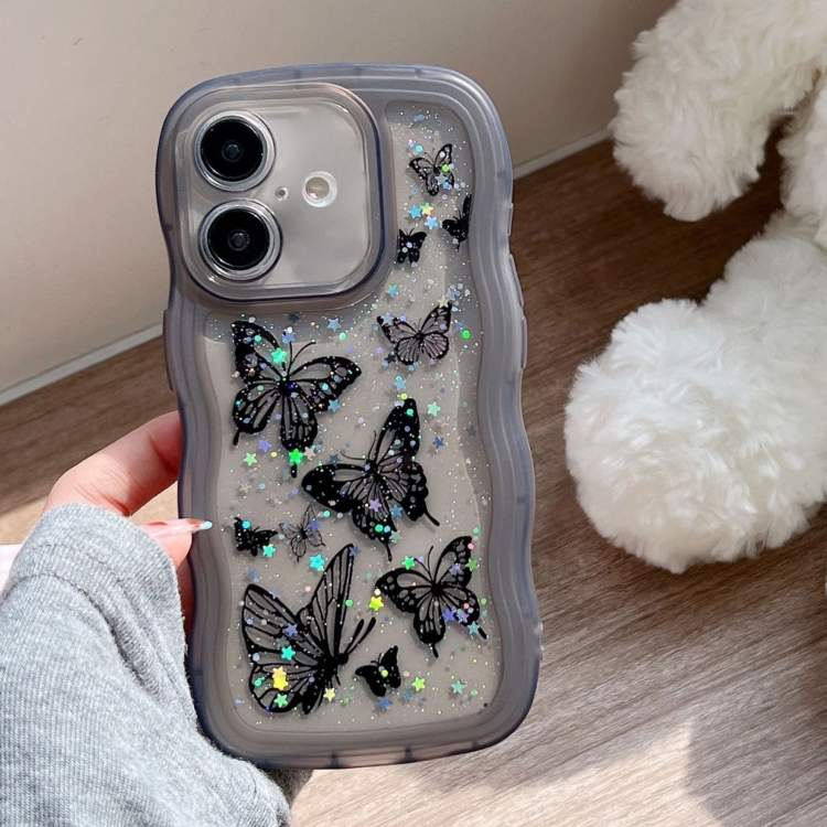 

For iPhone 16 Plus Wave Edge Butterfly TPU Hybrid PC Phone Case(Black)