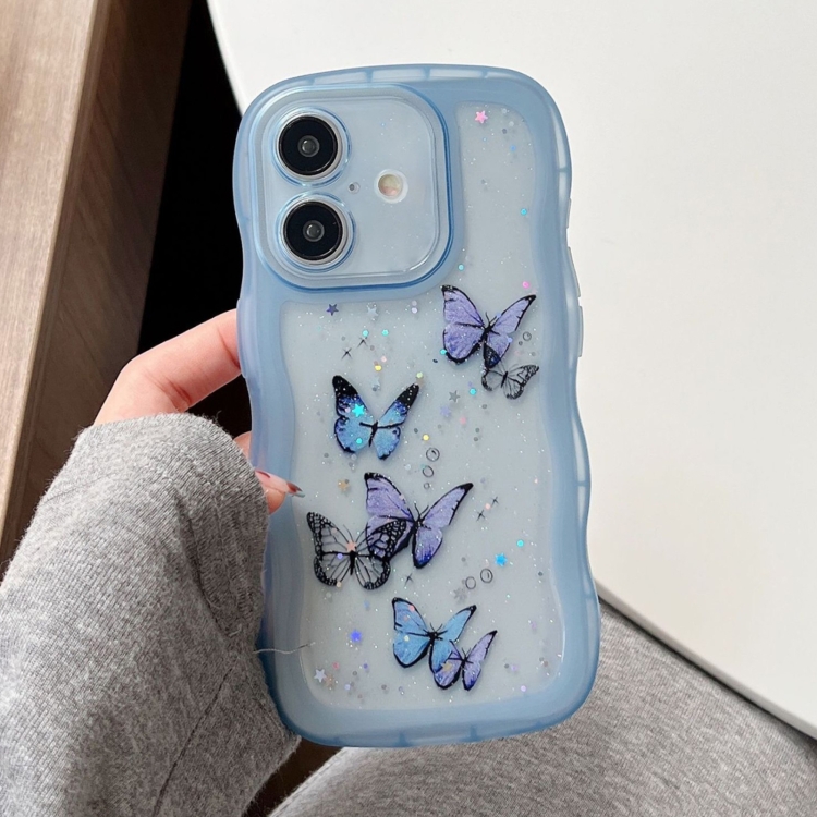 

For iPhone 16 Plus Wave Edge Butterfly TPU Hybrid PC Phone Case(Blue)