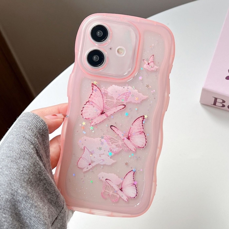 

For iPhone 16 Plus Wave Edge Butterfly TPU Hybrid PC Phone Case(Pink)