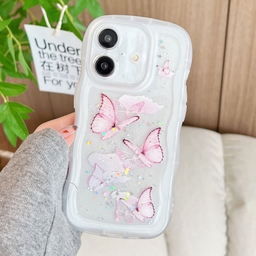 

For iPhone 16 Plus Wave Edge Butterfly TPU Hybrid PC Phone Case(White)