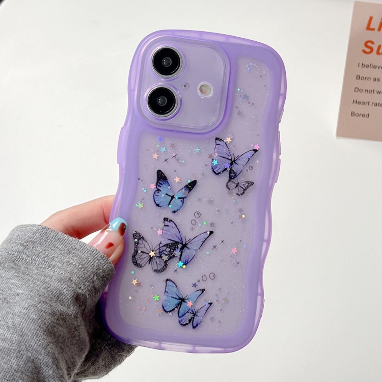 

For iPhone 16 Plus Wave Edge Butterfly TPU Hybrid PC Phone Case(Purple)