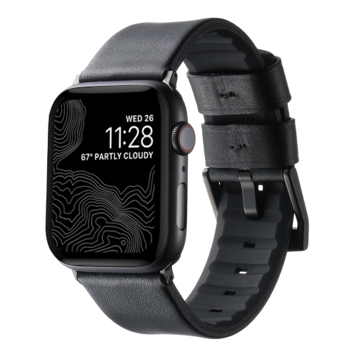 

For Apple Watch SE 2023 44mm Genuine Leather Hybrid Silicone Watch Band(Black Black Buckle)